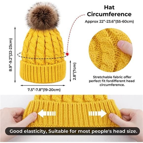 WOMEN'S Winter Soft Knit Beanie Hat with Faux Fur Pom Pom Warm, Yellow - Picture 3 of 6